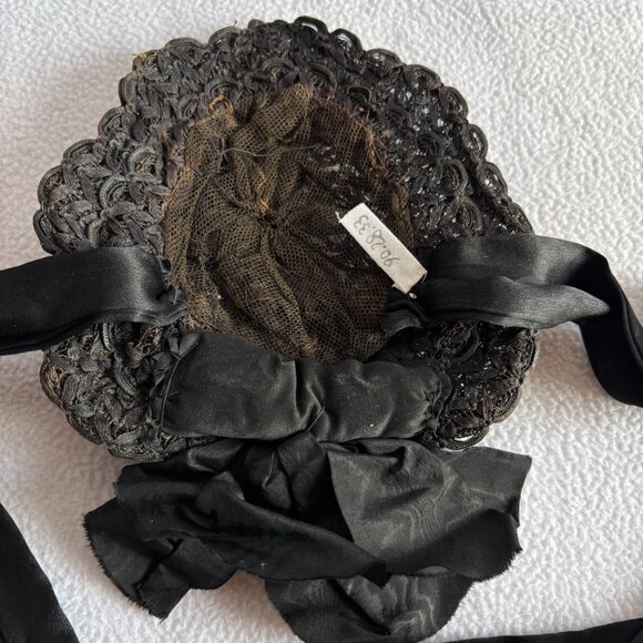 Antique Victorian Black Woven Ribbon Bonnet with Wheat Accents